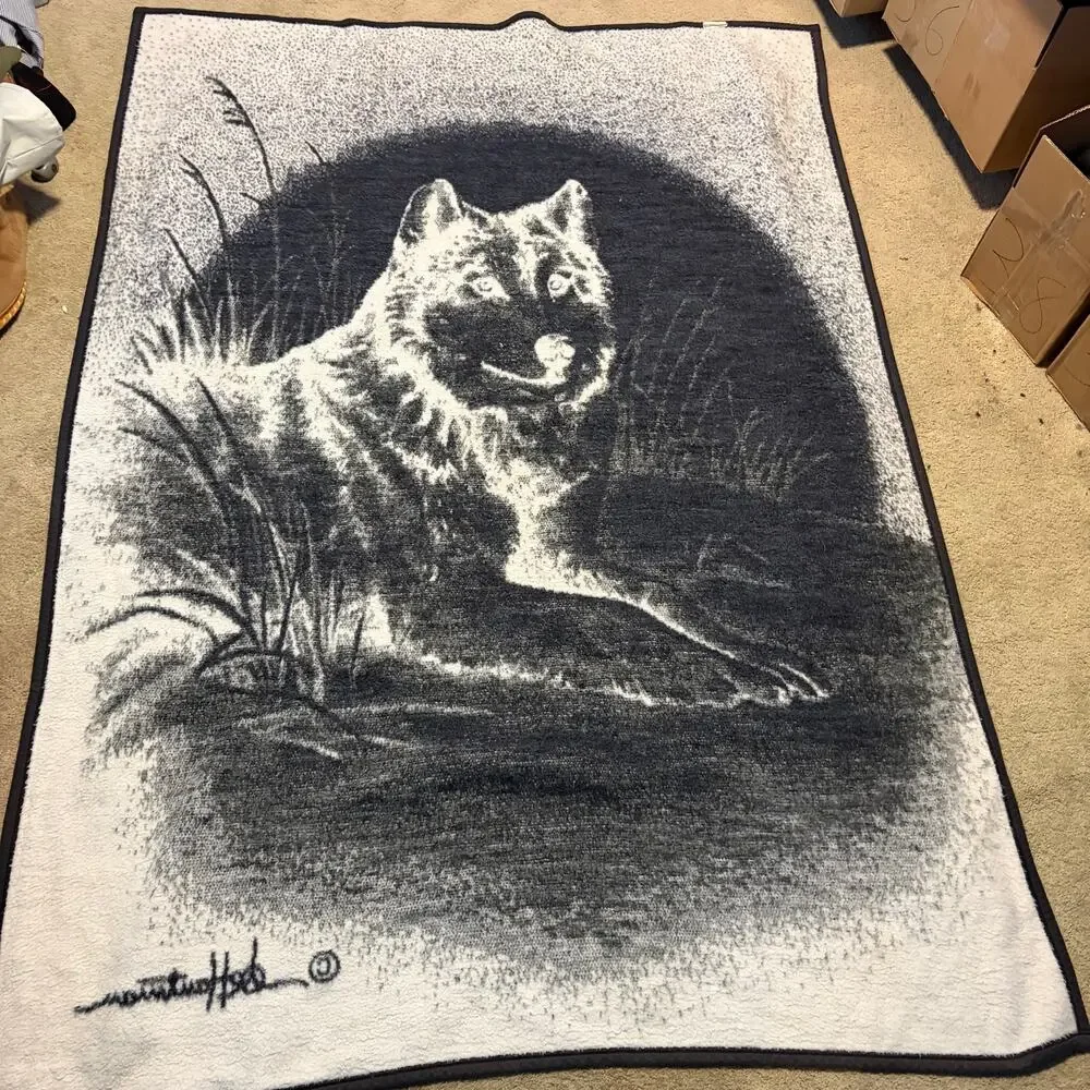 Vintage Biederlack Reversible Throw Blanket Wolf Moon Snow Acrylic USA 54x74
